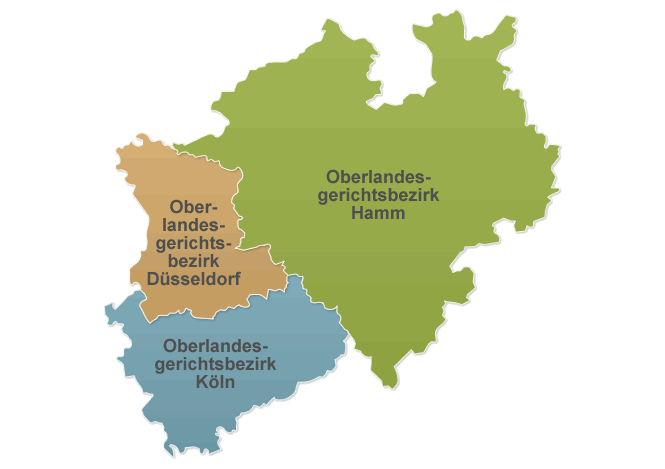 Übersichtskarte der Oberlandesgerichtsbezirke Düsseldorf, Hamm und Köln